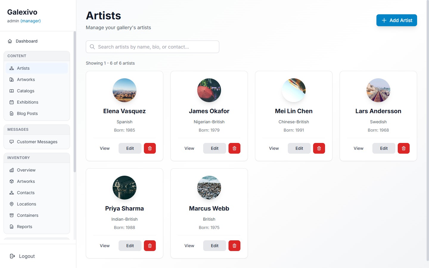 Galexivo admin Artists directory showing artist cards with portraits and metadata