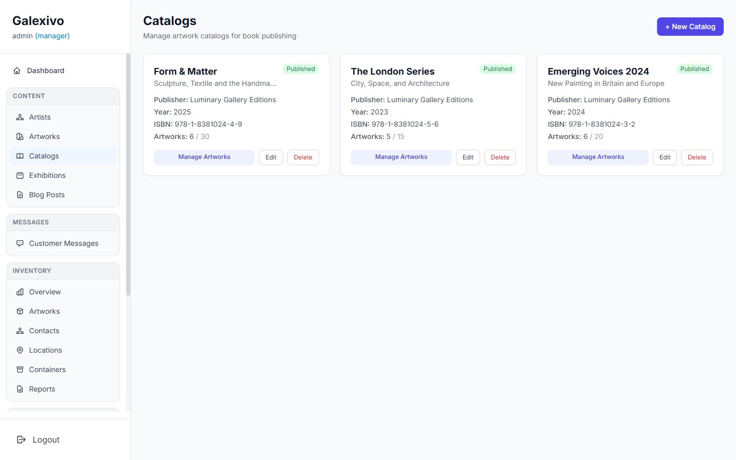 Galexivo admin Catalogs page with published catalog cards and ISBN details