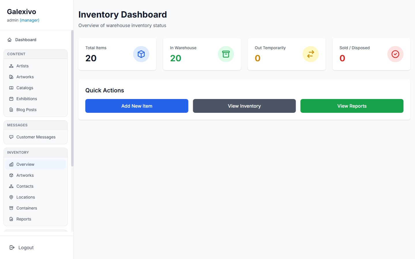 Galexivo inventory dashboard with totals for items in warehouse, out temporarily, and sold