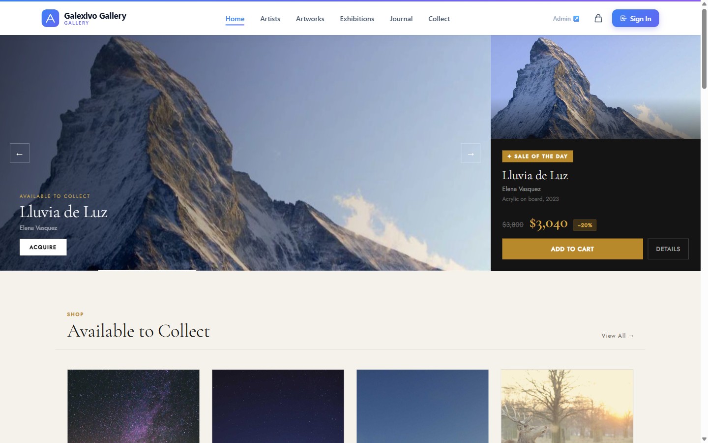 Public Galexivo gallery homepage with hero artwork, navigation, and collect section