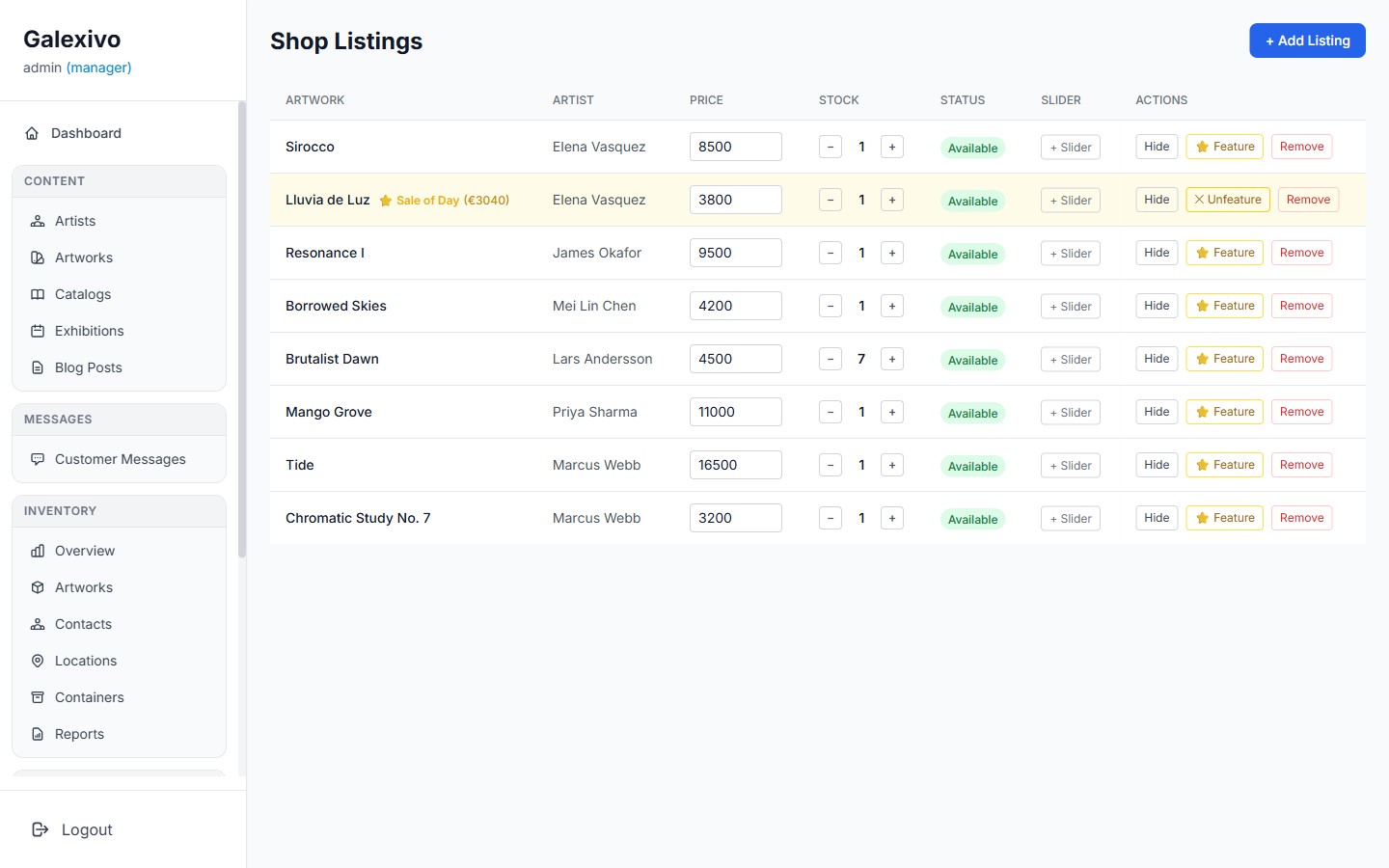 Galexivo admin Shop Listings table with prices, stock, featured and slider controls